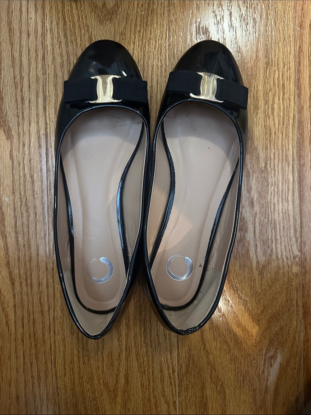 Black Patent Bow Ballet Flats with Gold Accent